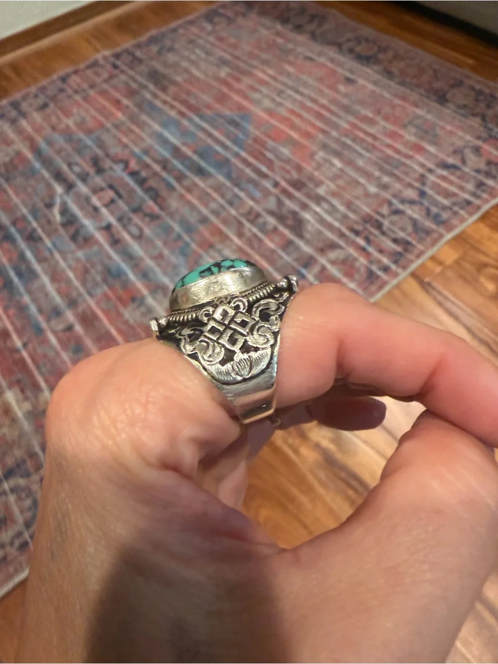 Huge Tibetan Sterling and Turquoise Saddle Ring RARE size 7.5